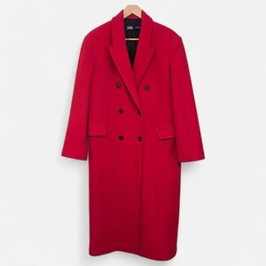 Zara Double Breasted Overcoat Women Medium Red Longline Wool Blend Minimalist ~